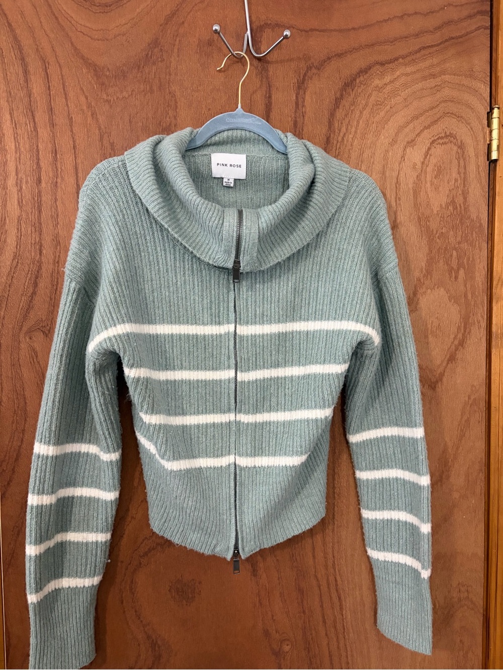 Pink Rose Sage Green Zip-Up Ribbed Sweater with White Stripes